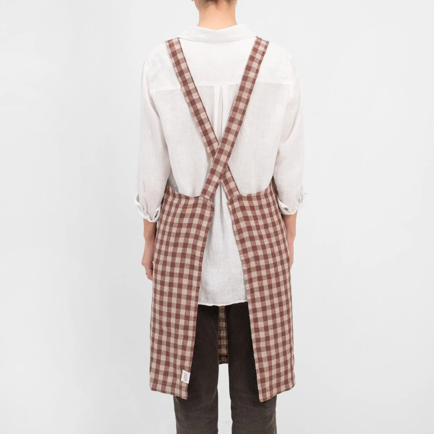 Chocolate Gingham Linen Crossback Apron - Image 3