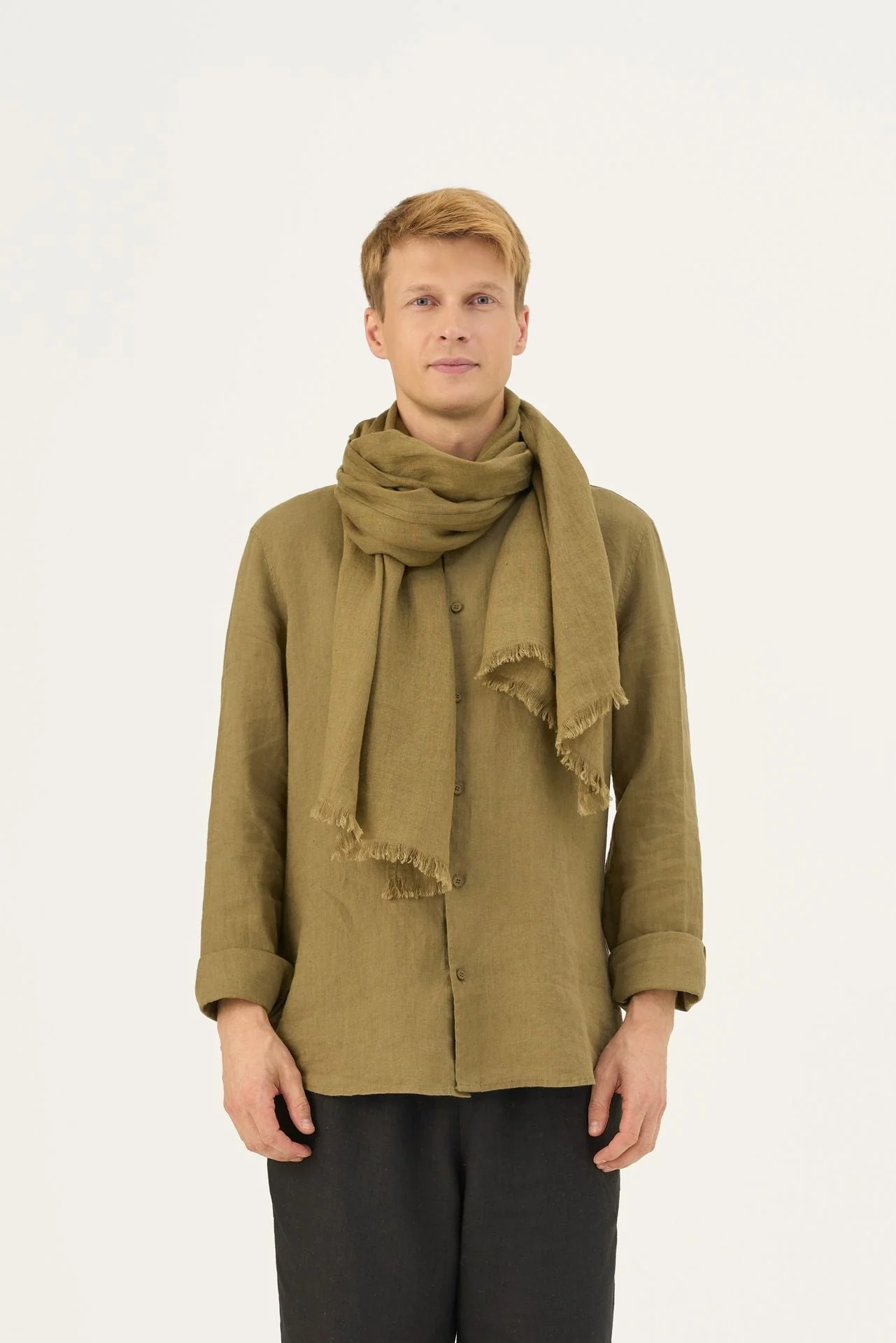 Olive Khaki Linen Woodbine Scarf - Image 4