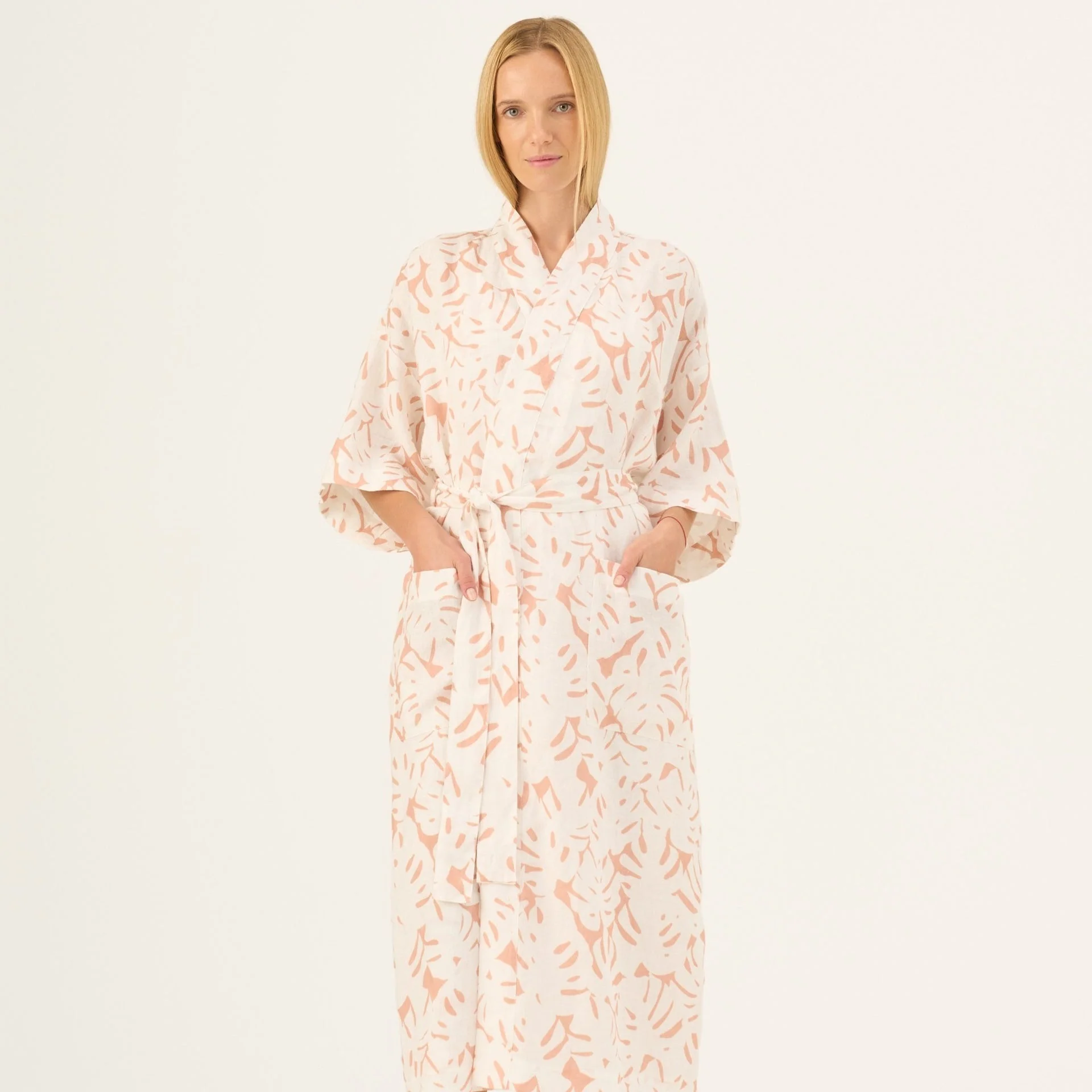 White Monstera Linen Summer Bathrobe