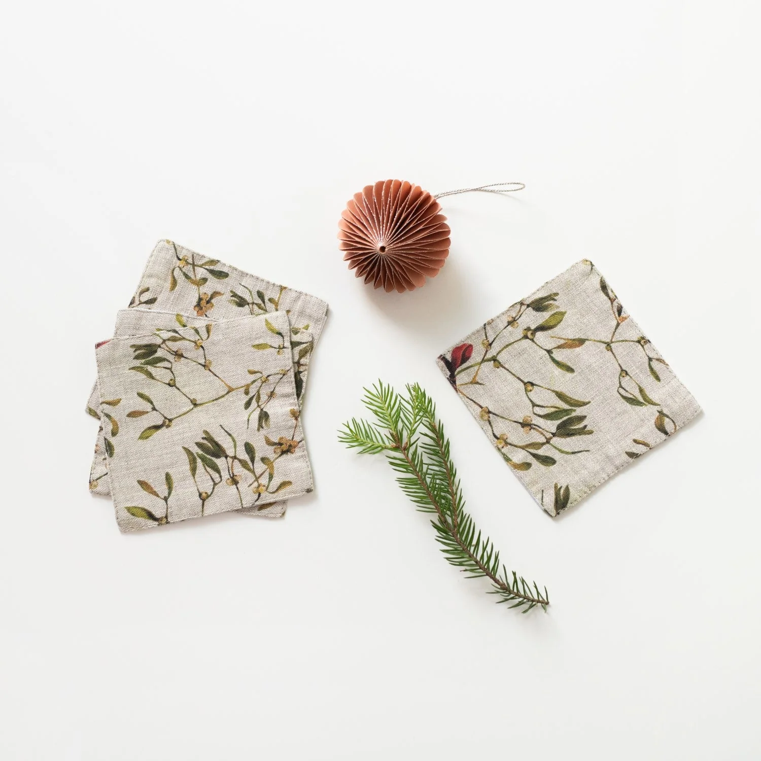 Mistletoe on Natural Linen Coasters Set of 4