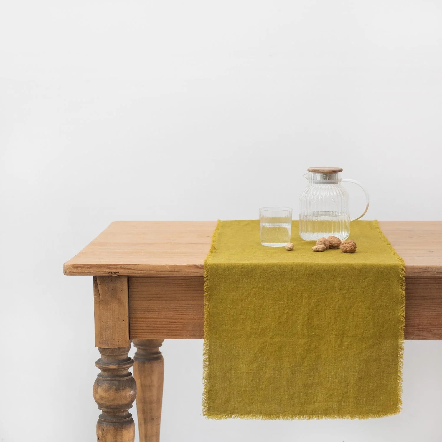 Moss Green Linen Table Runner with Fringes