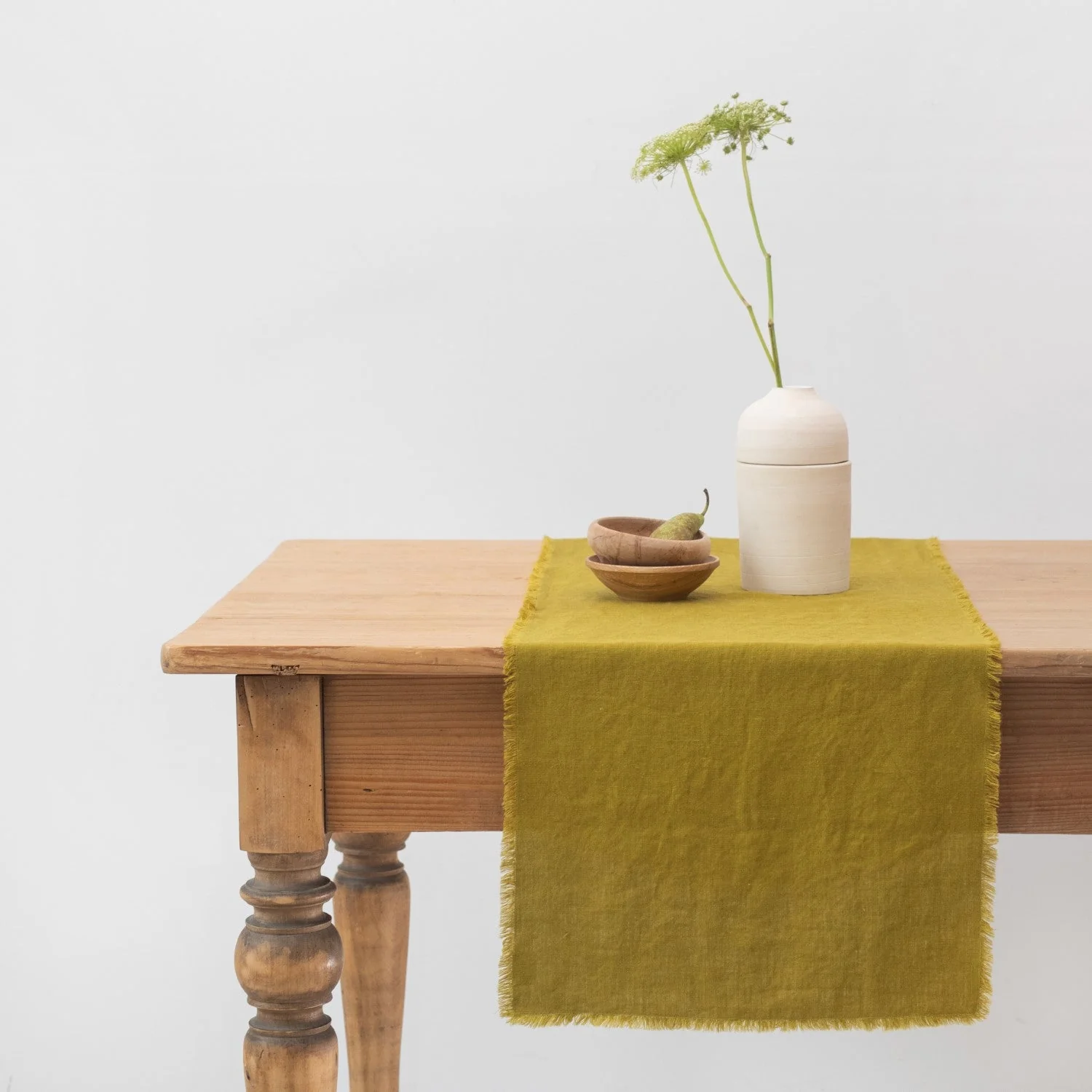 Moss Green Linen Table Runner with Fringes - Image 2