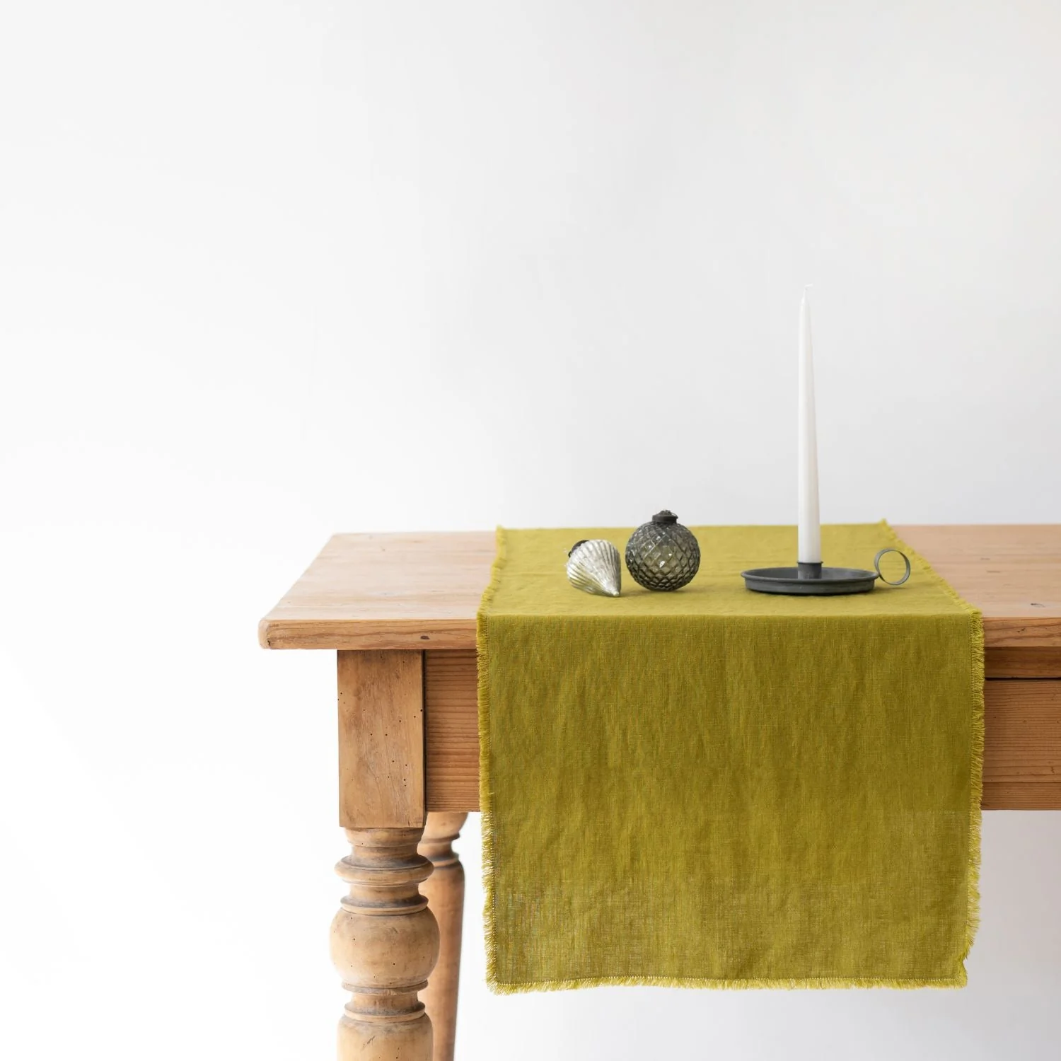 Moss Green Linen Table Runner with Fringes - Image 3