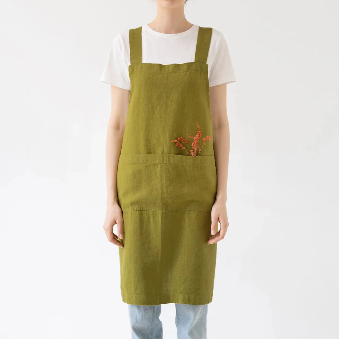 Moss Green Linen Crossback Apron