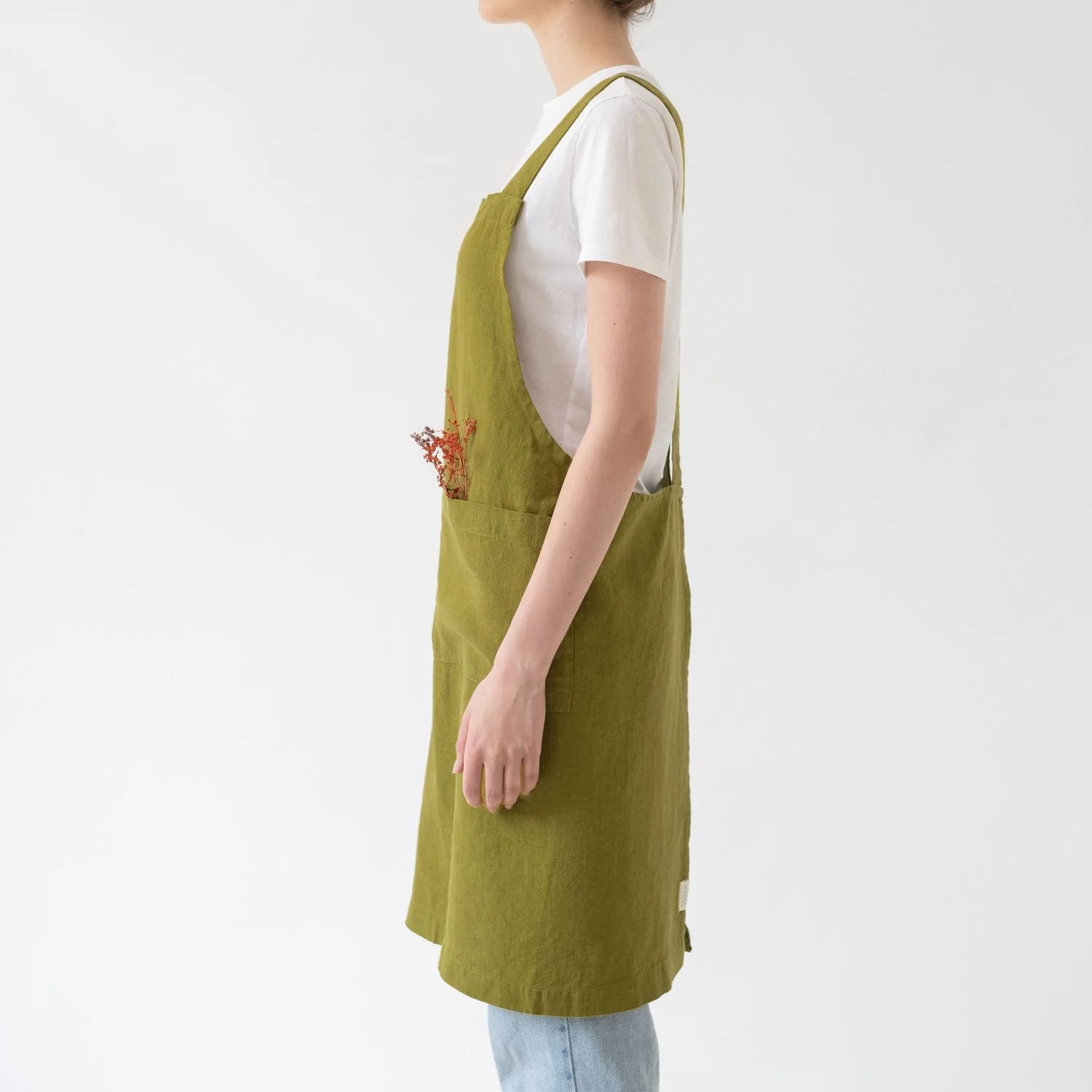 Moss Green Linen Crossback Apron - Image 2