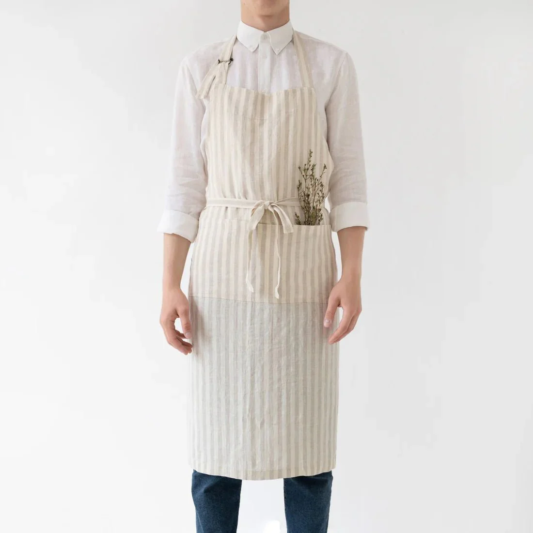 Natural White Stripes Linen Chef Apron