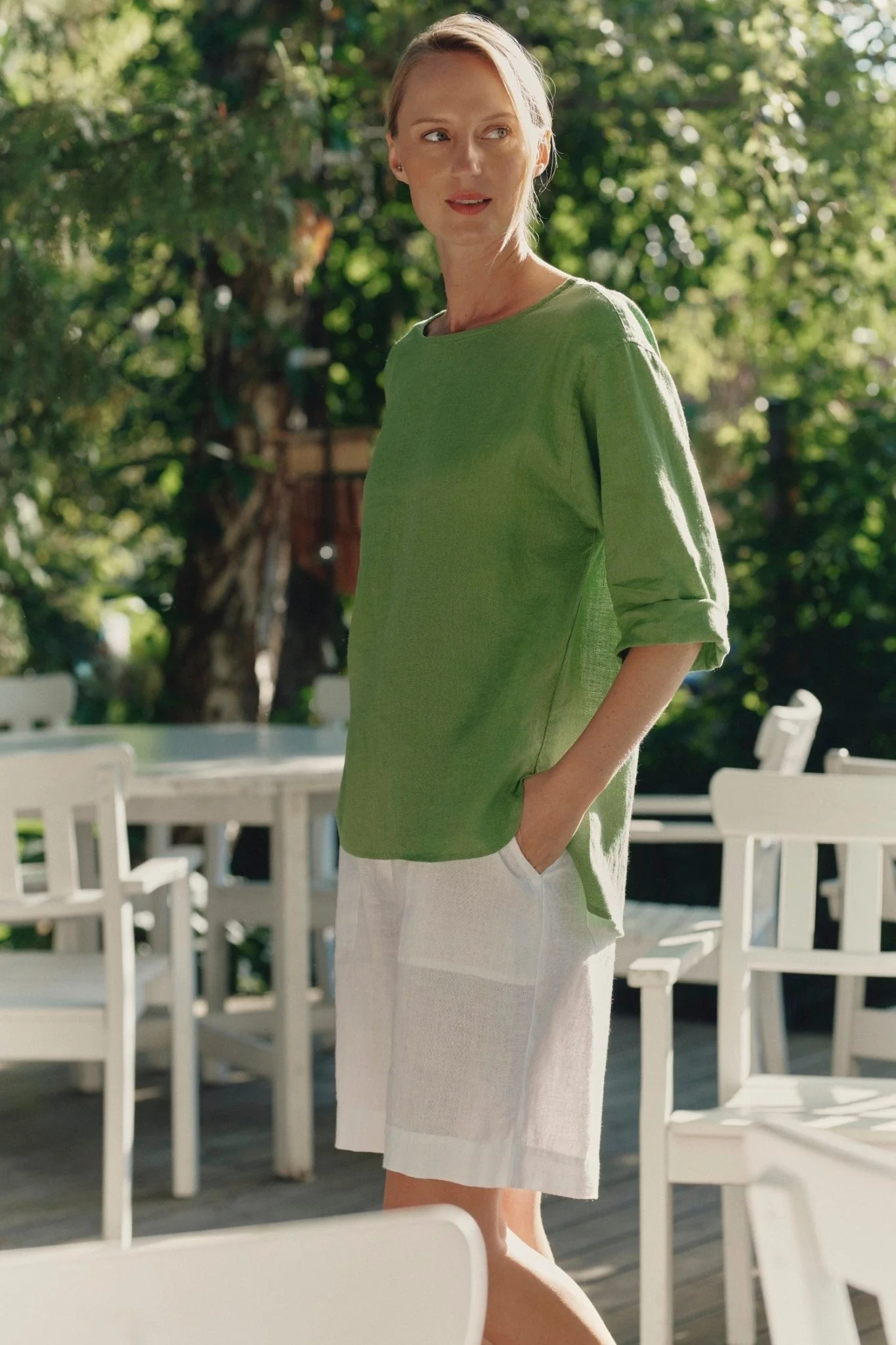 Optical White Linen Etude Shorts - Image 3