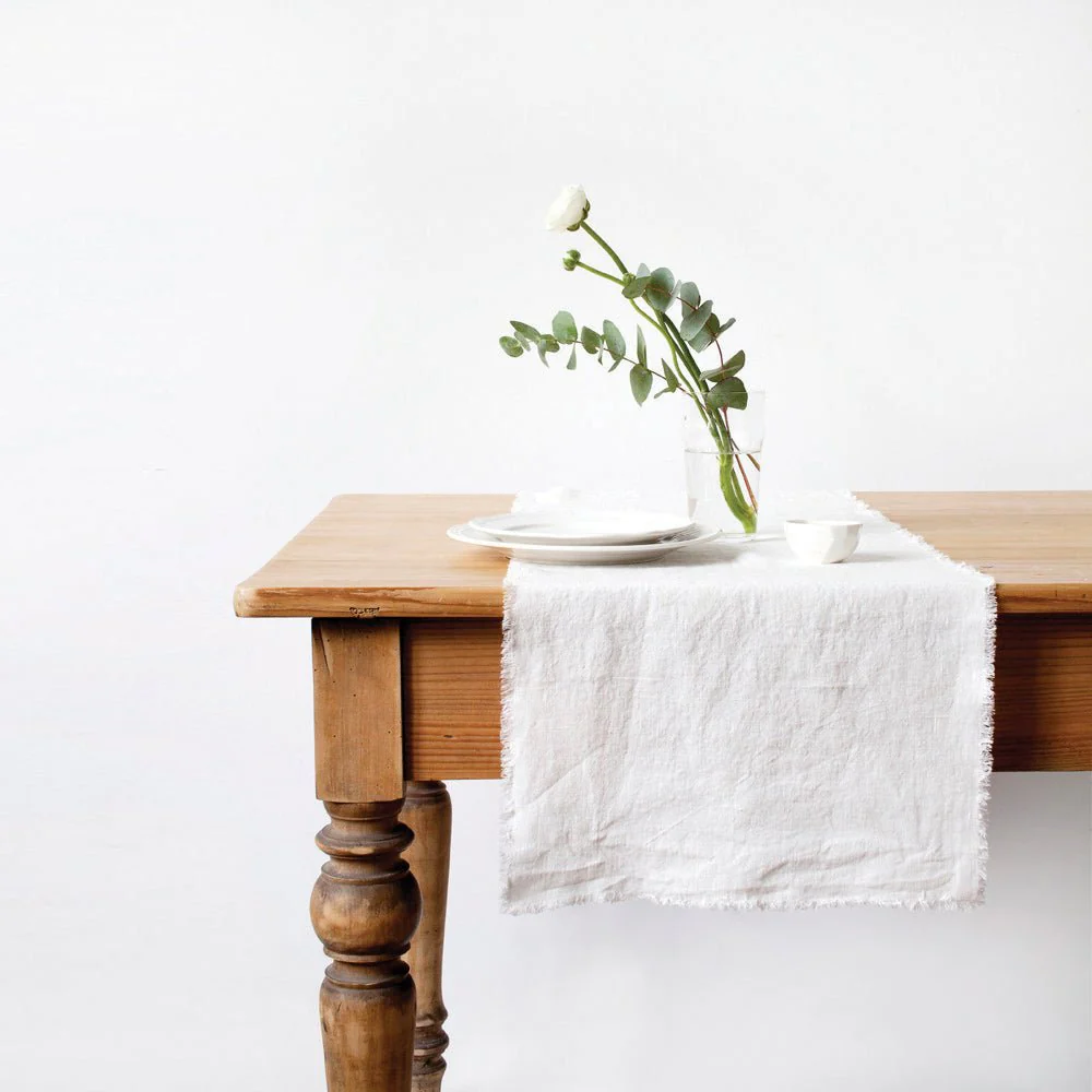 Optical White Linen Table Runner with Fringes