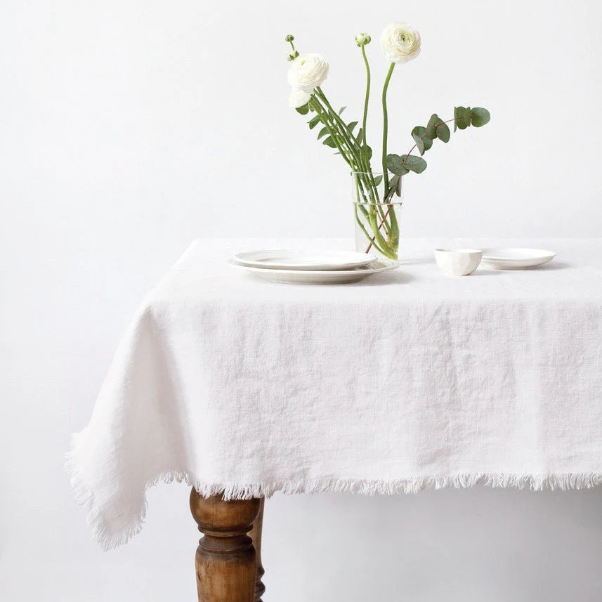 Optical White Linen Tablecloth with Fringes