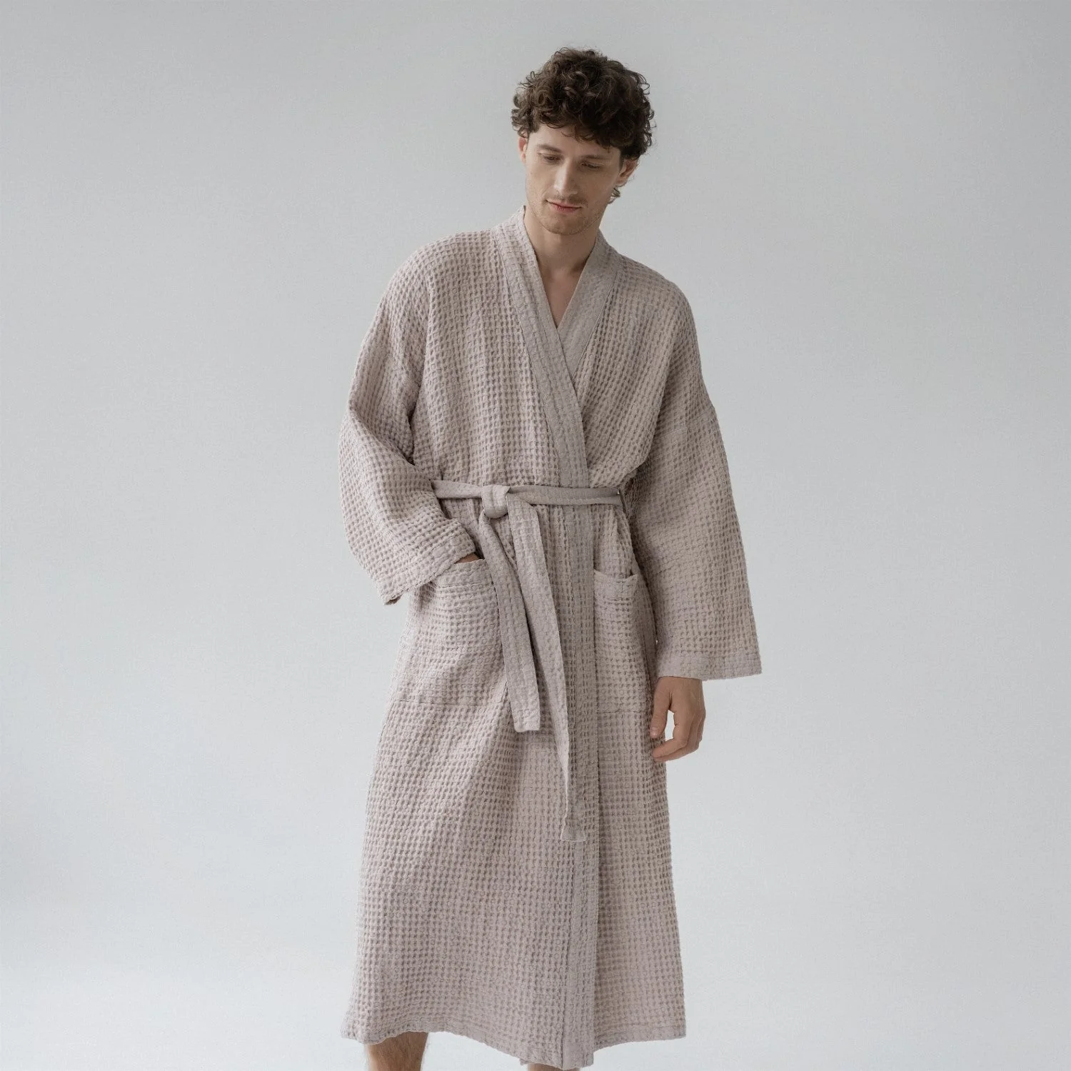 Powder Linen & Cotton Honeycomb Waffle Bathrobe - Image 3