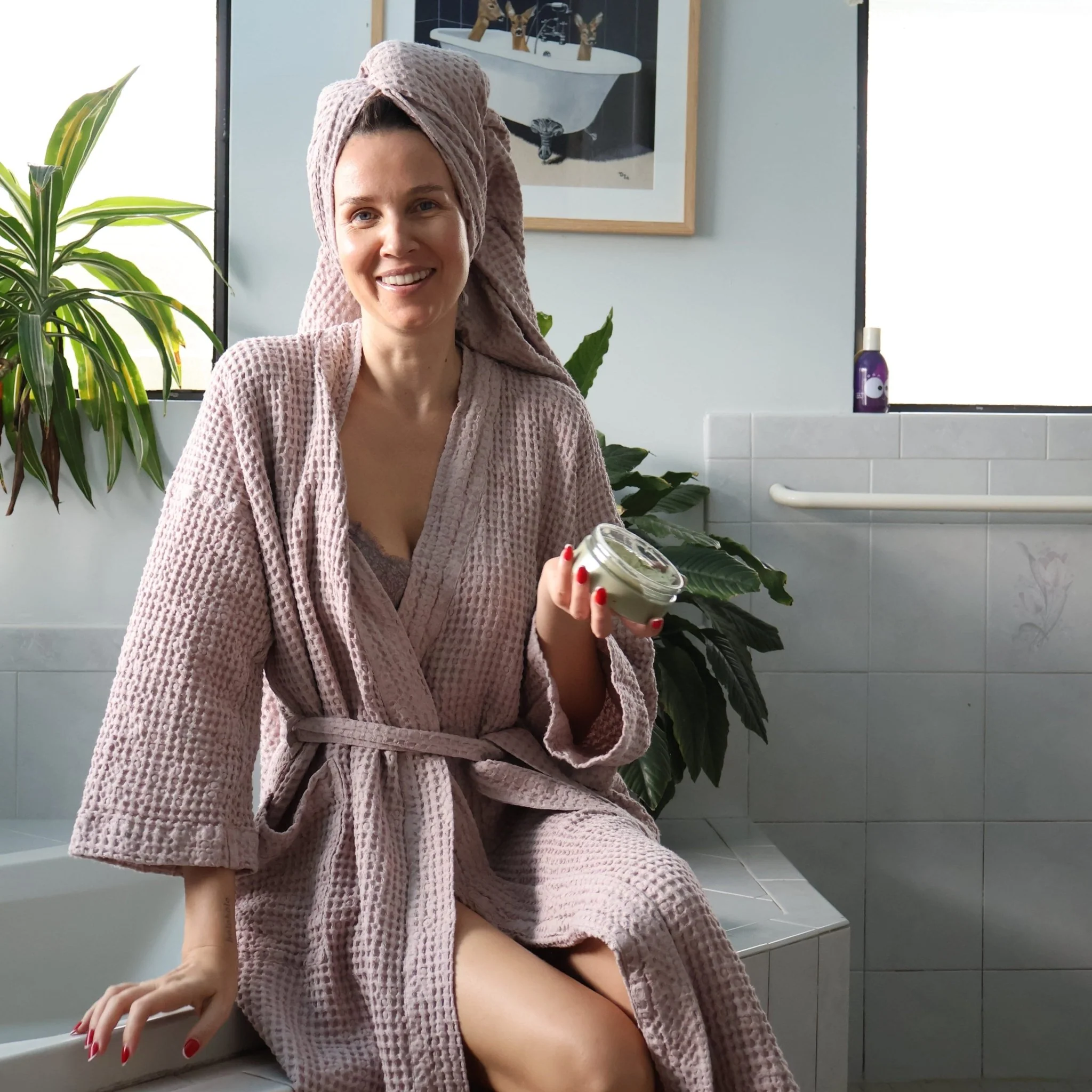 Powder Linen & Cotton Honeycomb Waffle Bathrobe - Image 6