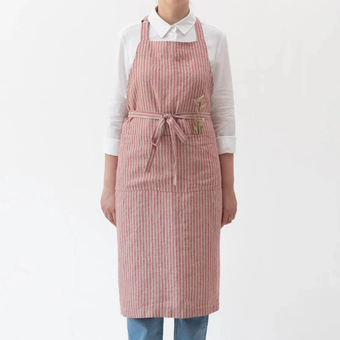 Red Natural Stripes Linen Chef Apron