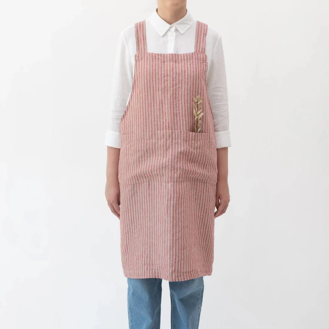 Red Natural Stripes Linen Crossback Apron