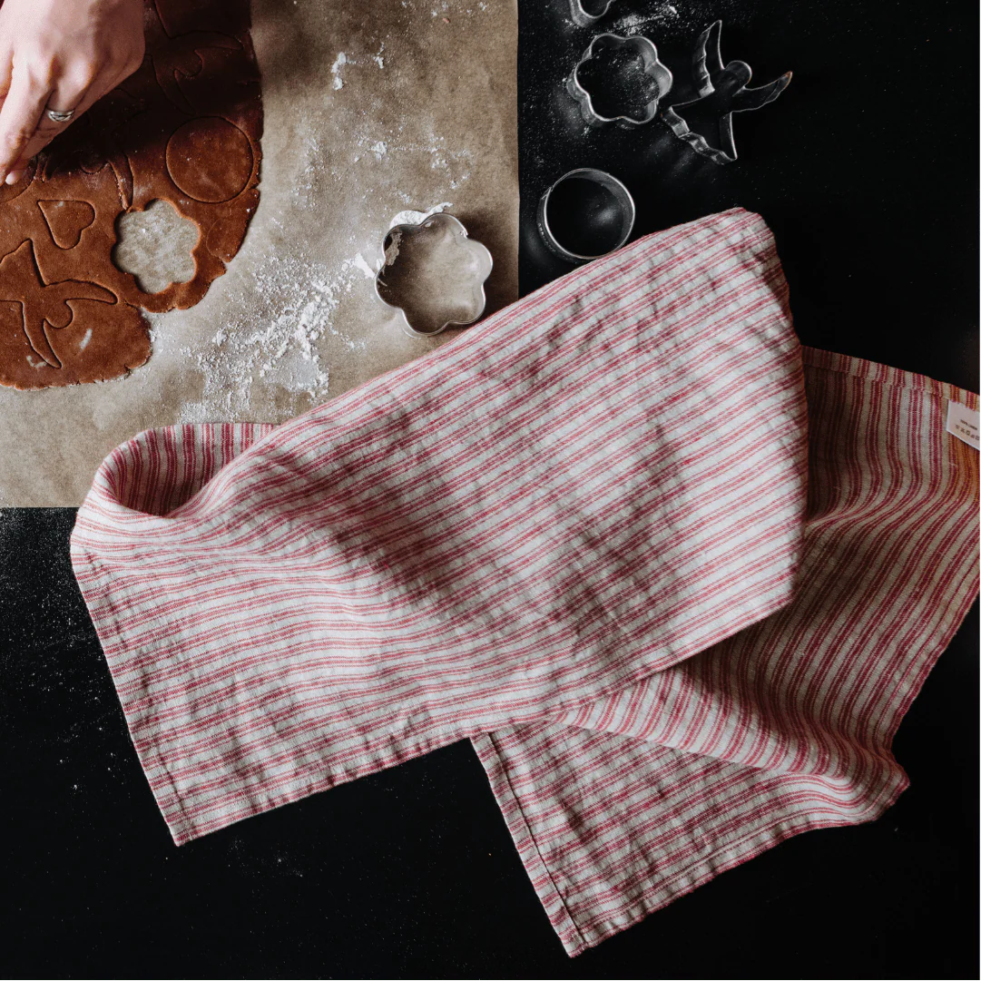 Red Natural Stripes Linen Kitchen Towel - Image 3