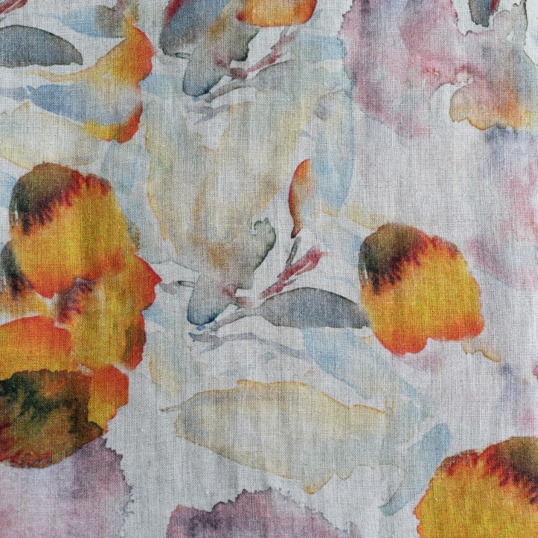 Unwashed Orange Flow on Light Natural Linen Fabric 185 g/sq.m