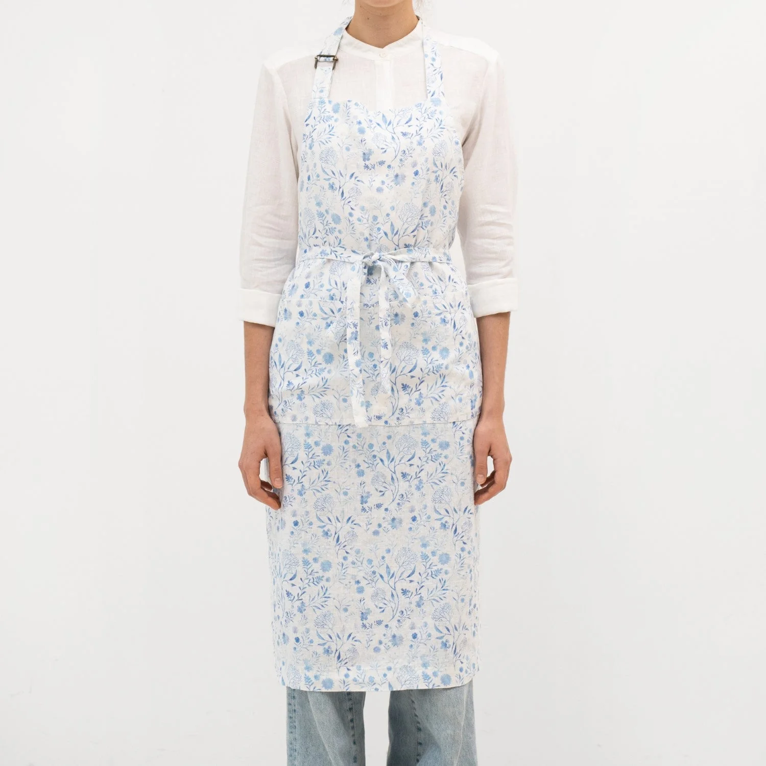 White Botanical Blue Linen Chef Apron