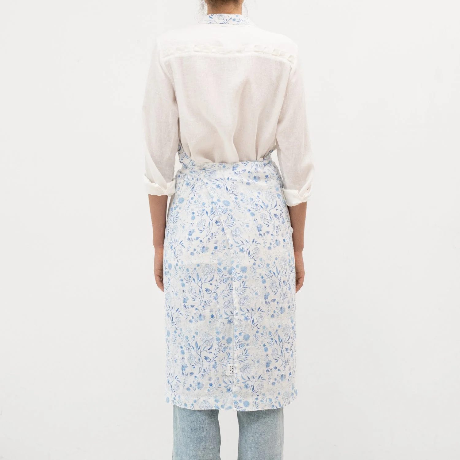 White Botanical Blue Linen Chef Apron - Image 2