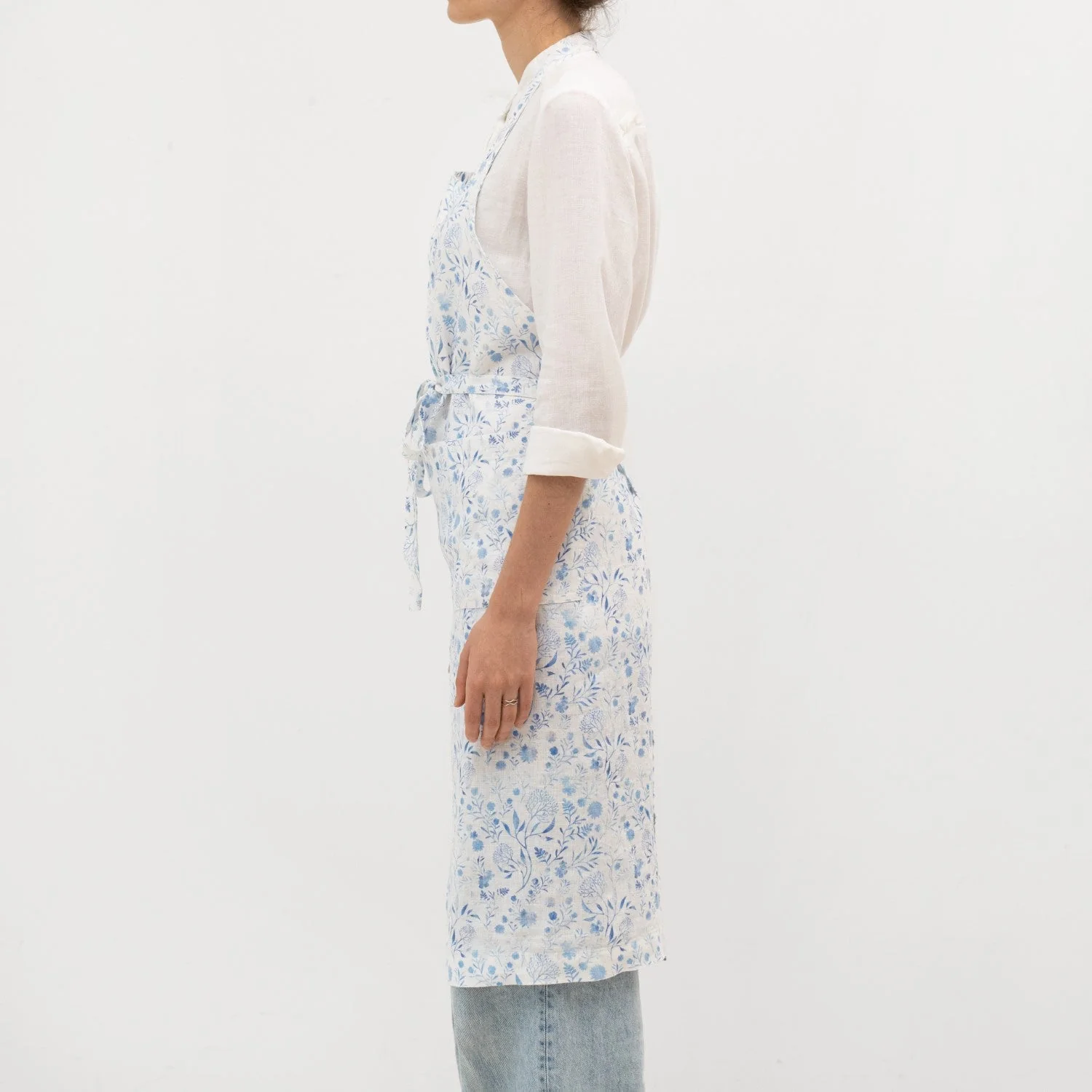 White Botanical Blue Linen Chef Apron - Image 3