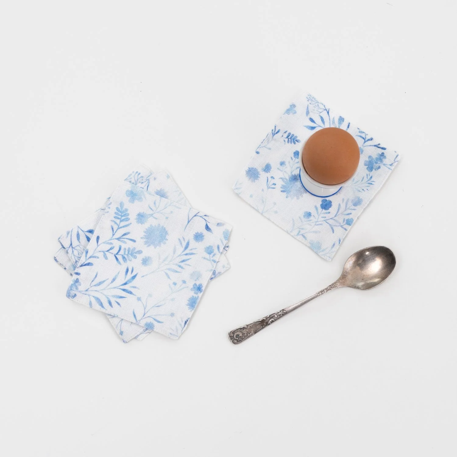 White Botanical Blue Linen Coasters Set of 4