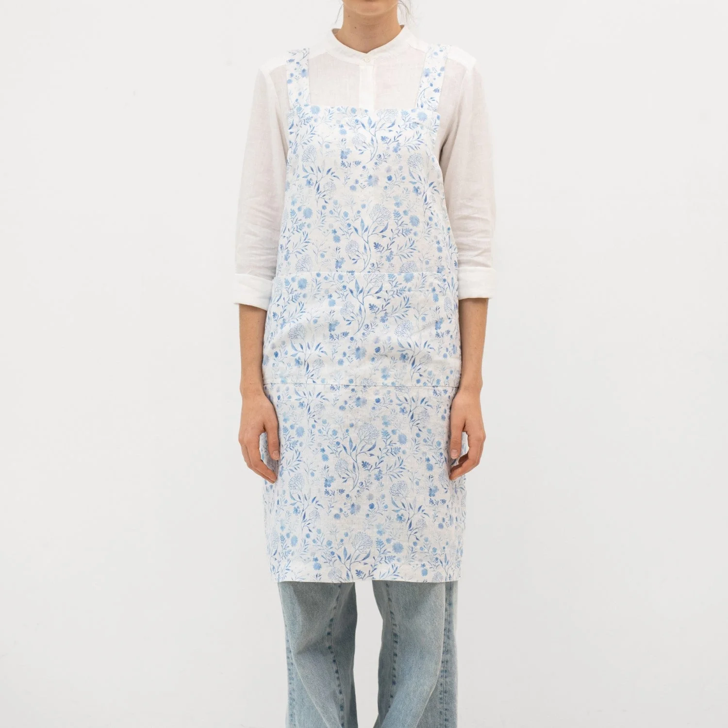 White Botanical Blue Linen Crossback Apron