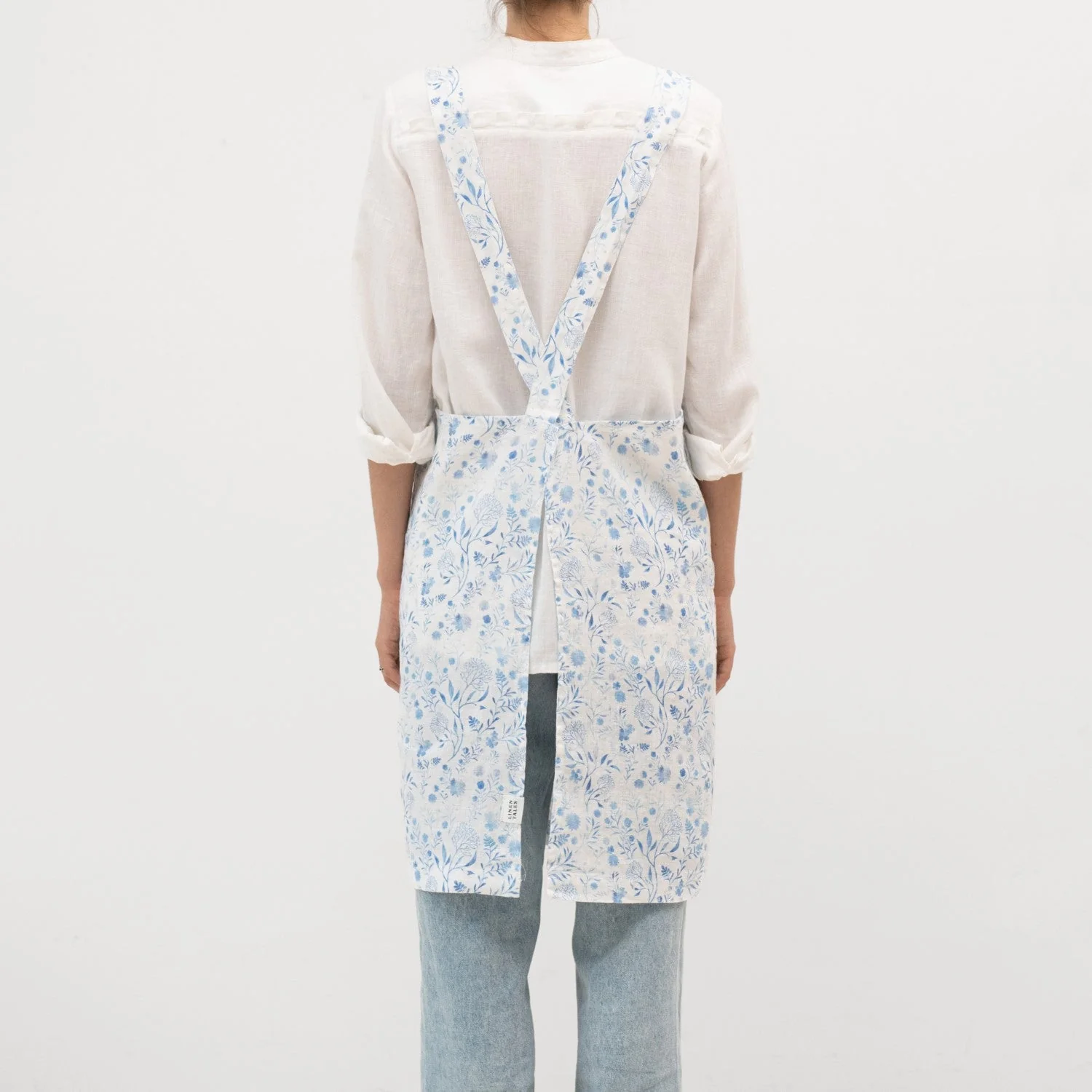 White Botanical Blue Linen Crossback Apron - Image 2
