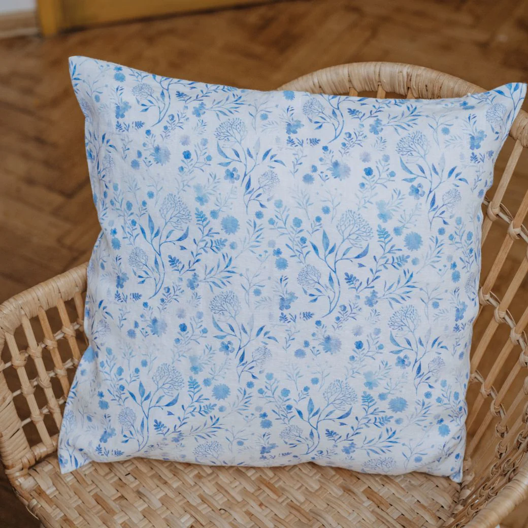 White Botanical Blue Linen Cushion Cover - Image 2