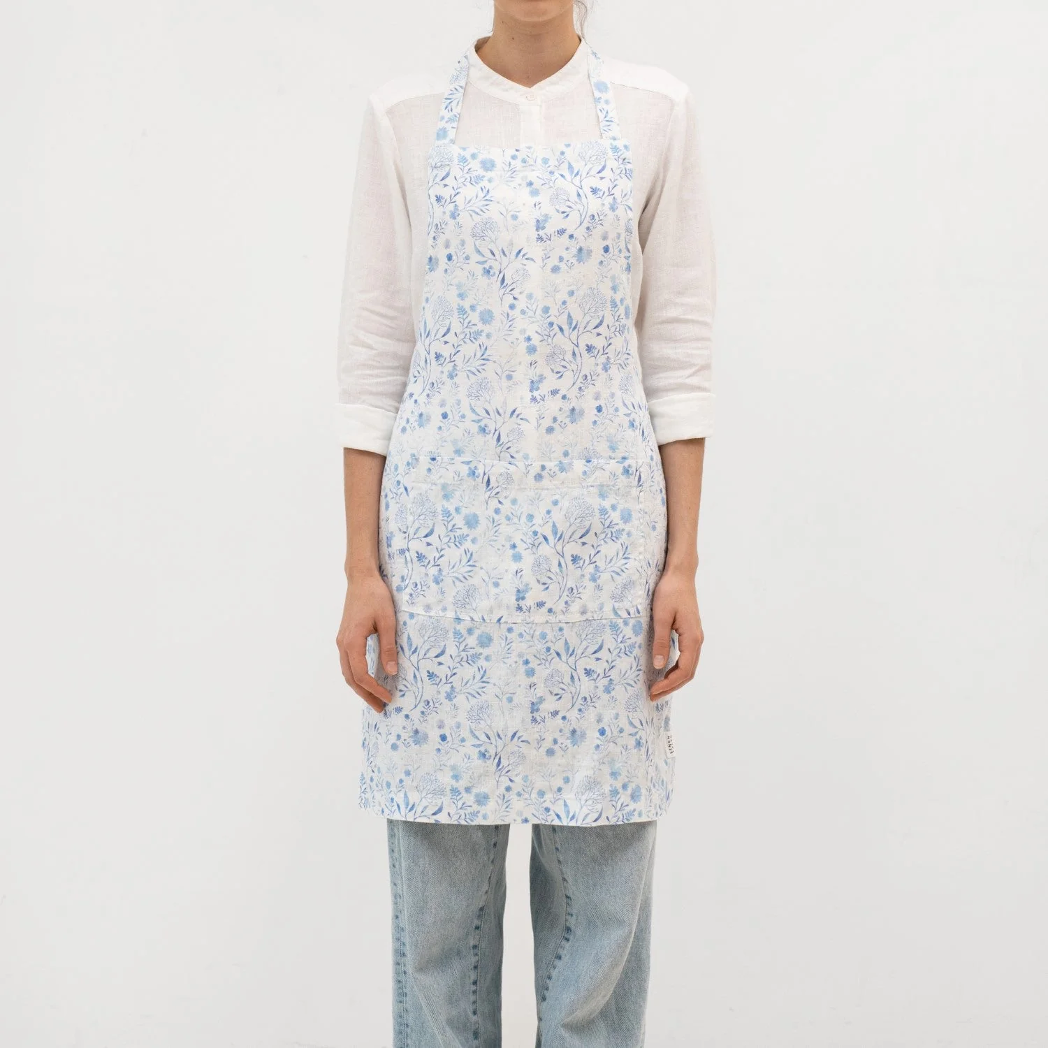White Botanical Blue Linen Daily Apron