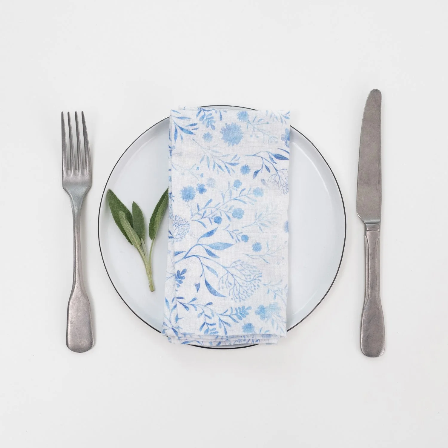 White Botanical Blue Linen Napkins Set of 2