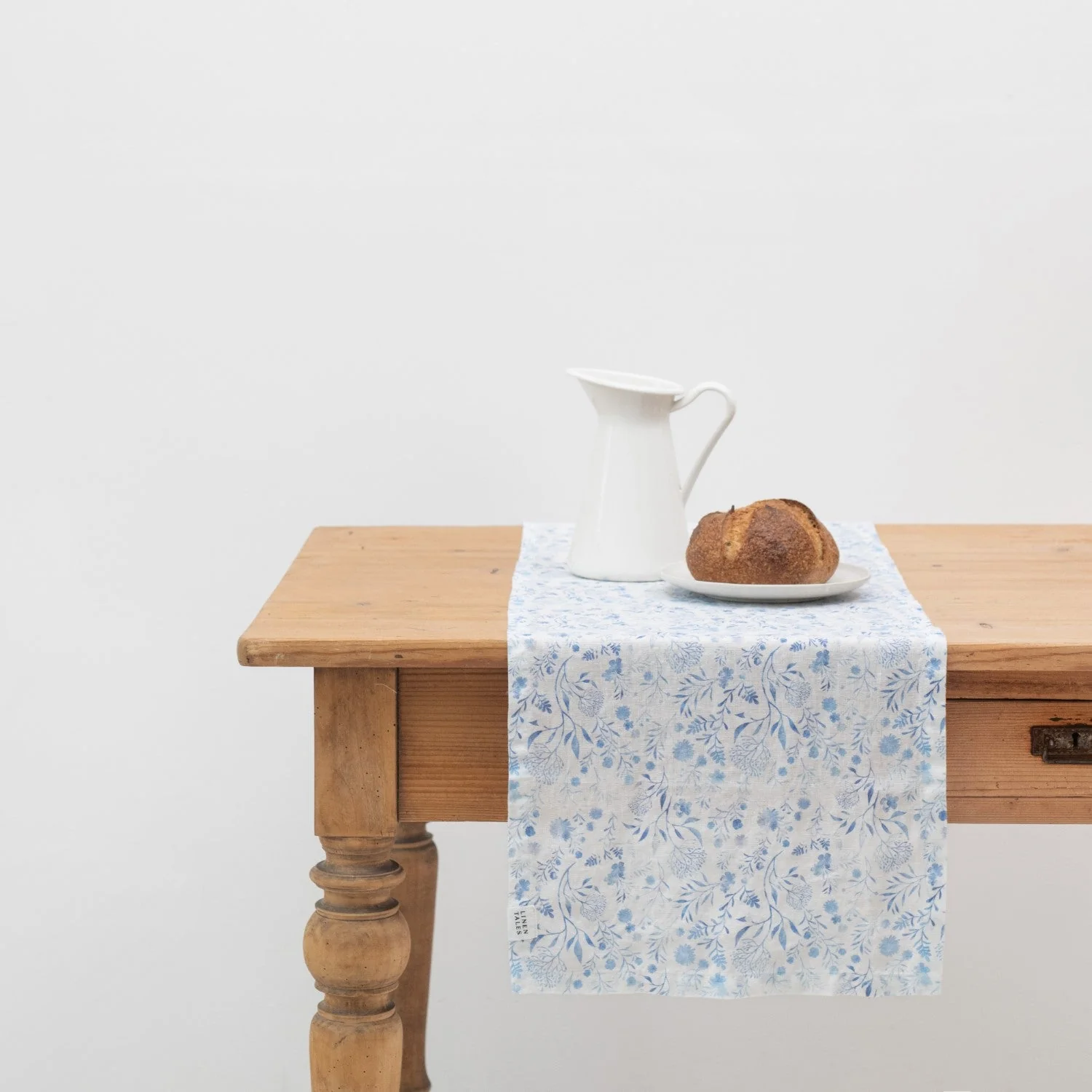 White Botanical Blue Linen Table Runner