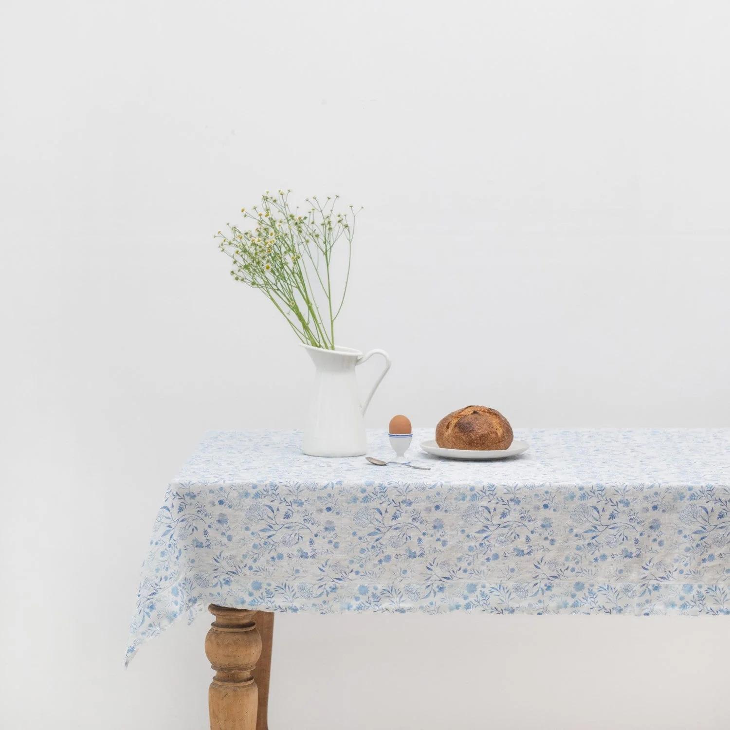 White Botanical Blue Linen Tablecloth