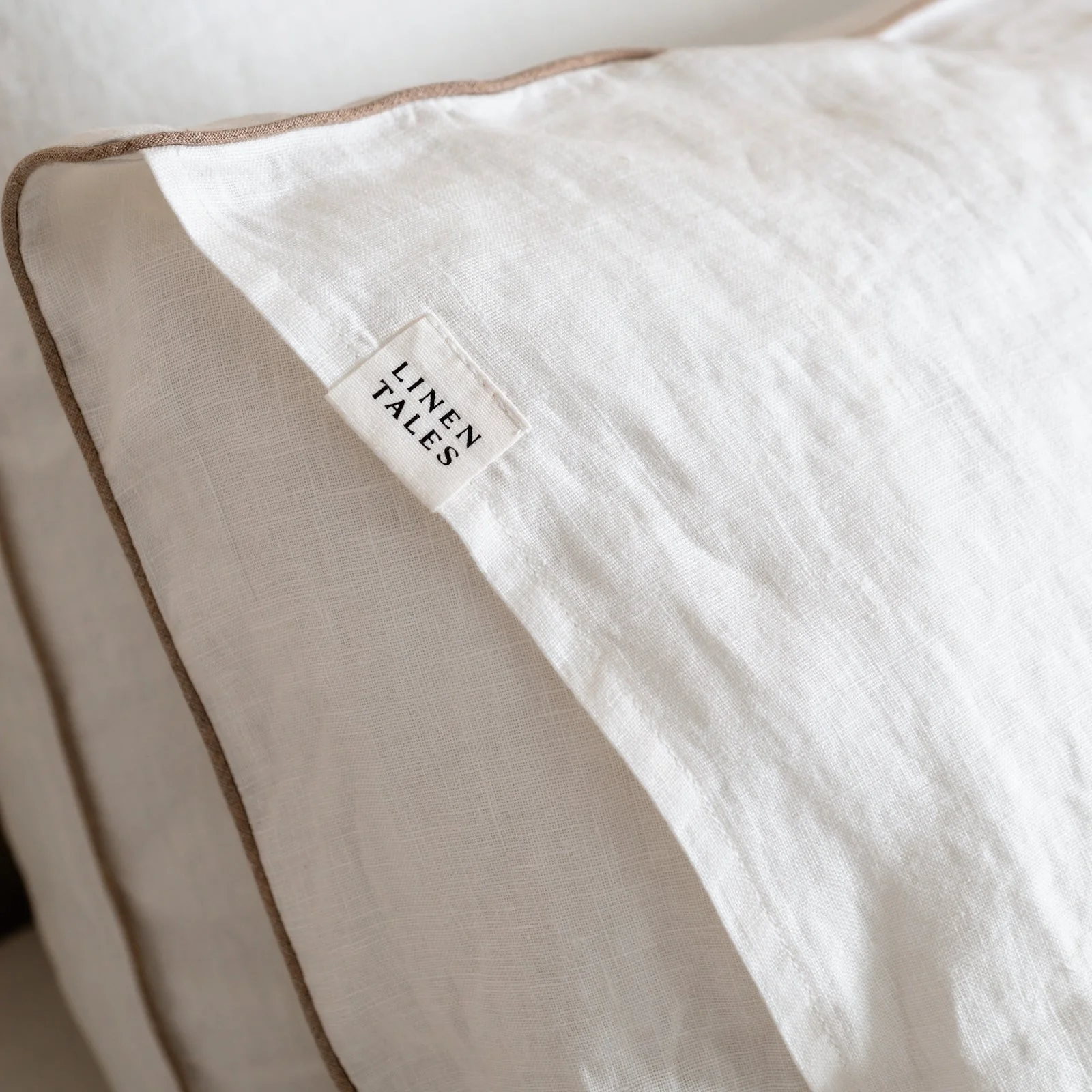 White Linen Pillowcase with Natural Piping Set of 2 - Image 4