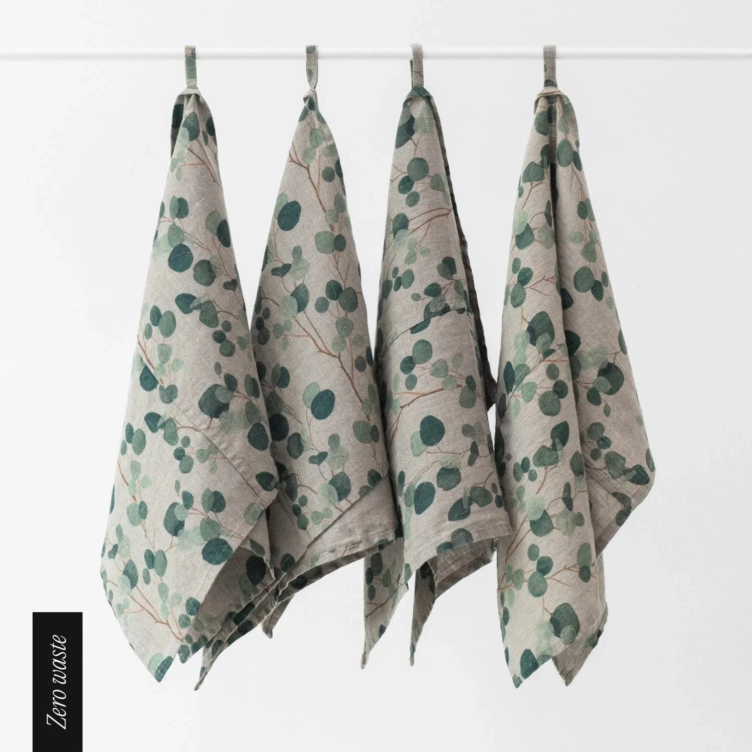 Zero Waste Eucalyptus on Natural Linen Kitchen Towels Set of 4