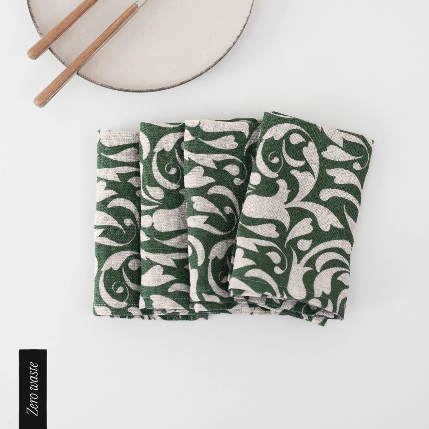 Zero Waste Evergreen Damask Linen Napkins Set of 4
