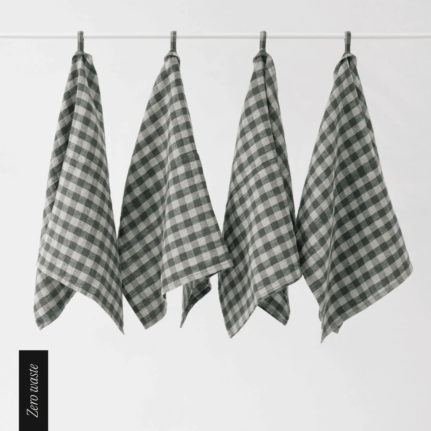 Zero Waste Forest Green Gingham Linen Kitchen Towels Set of 4