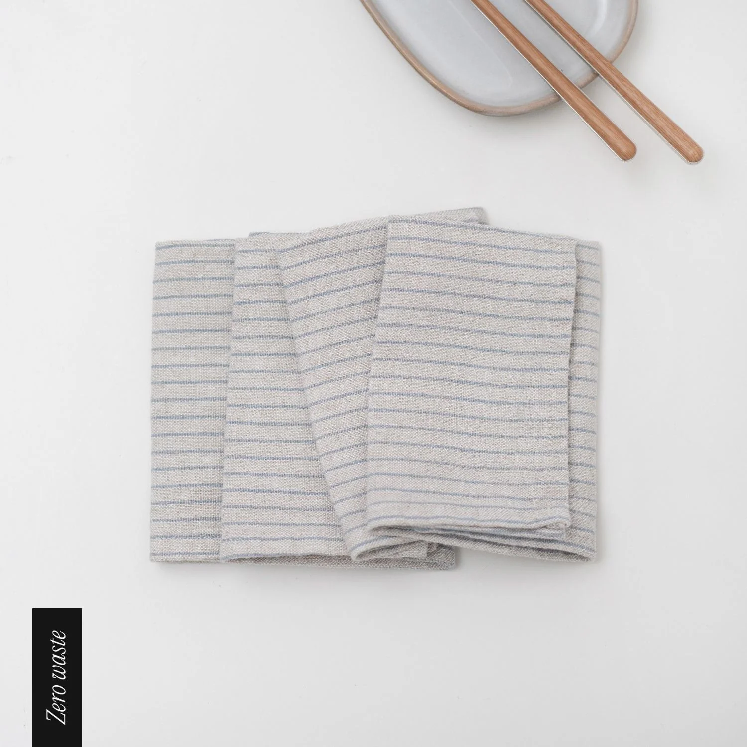 Zero Waste Grey Blue Pinstripe Rustic Linen Napkins Set of 4