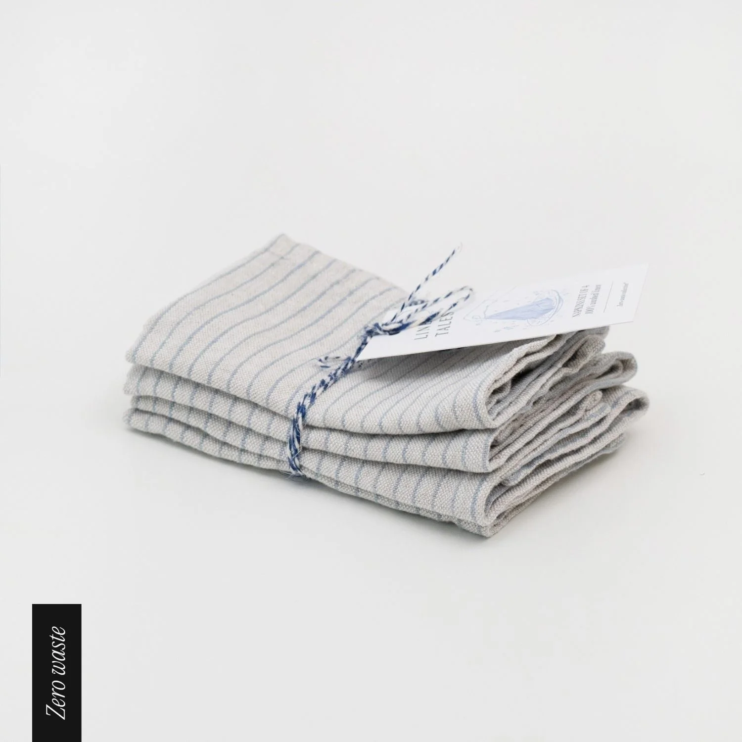 Zero Waste Grey Blue Pinstripe Rustic Linen Napkins Set of 4 - Image 2