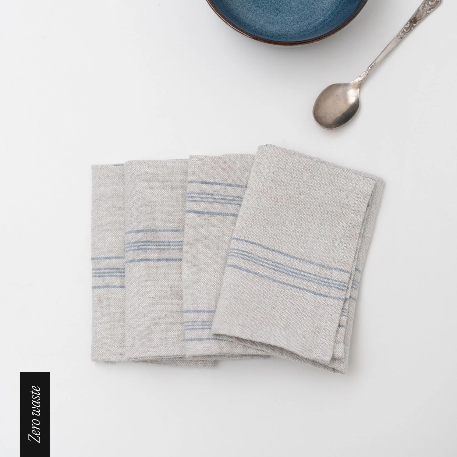 Zero Waste Grey Blue Wide Stripe Rustic Linen Napkins Set of 4 - Image 2