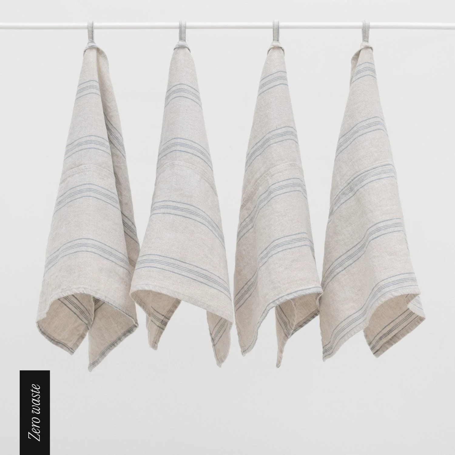 Zero Waste Grey Blue Wide Stripe Rustic Linen Kitchen Towels Set of