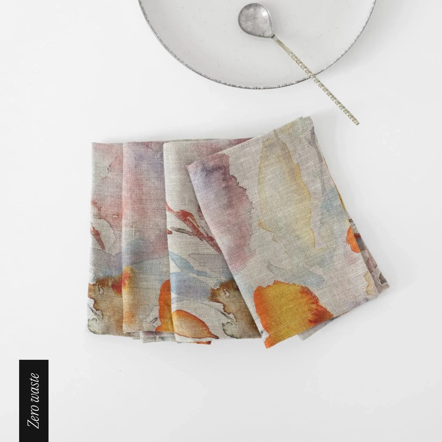 Zero Waste Orange Flow on Natural Linen Napkins Set of 4