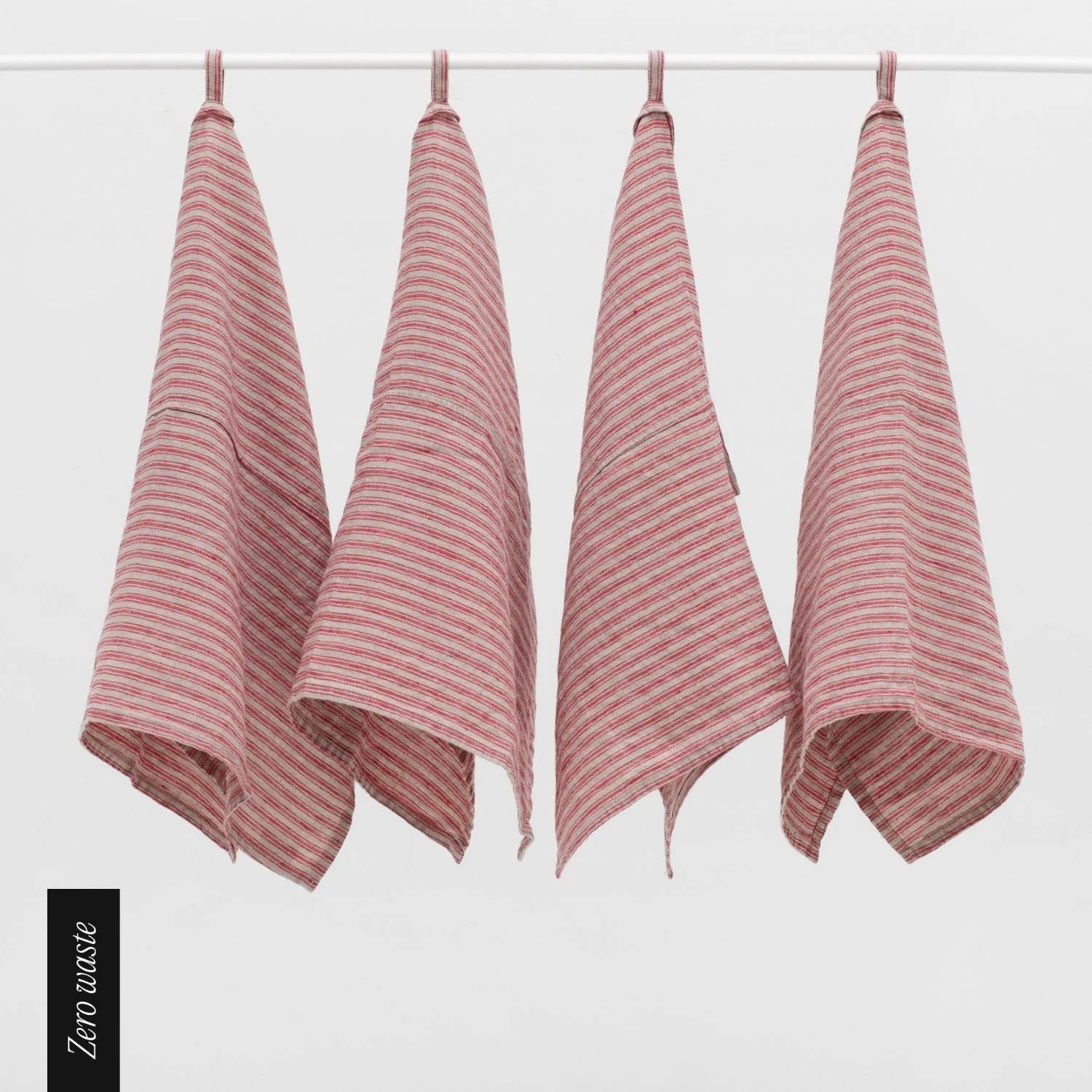 Zero Waste Red Natural Stripes Linen Kitchen Towels Set of 4