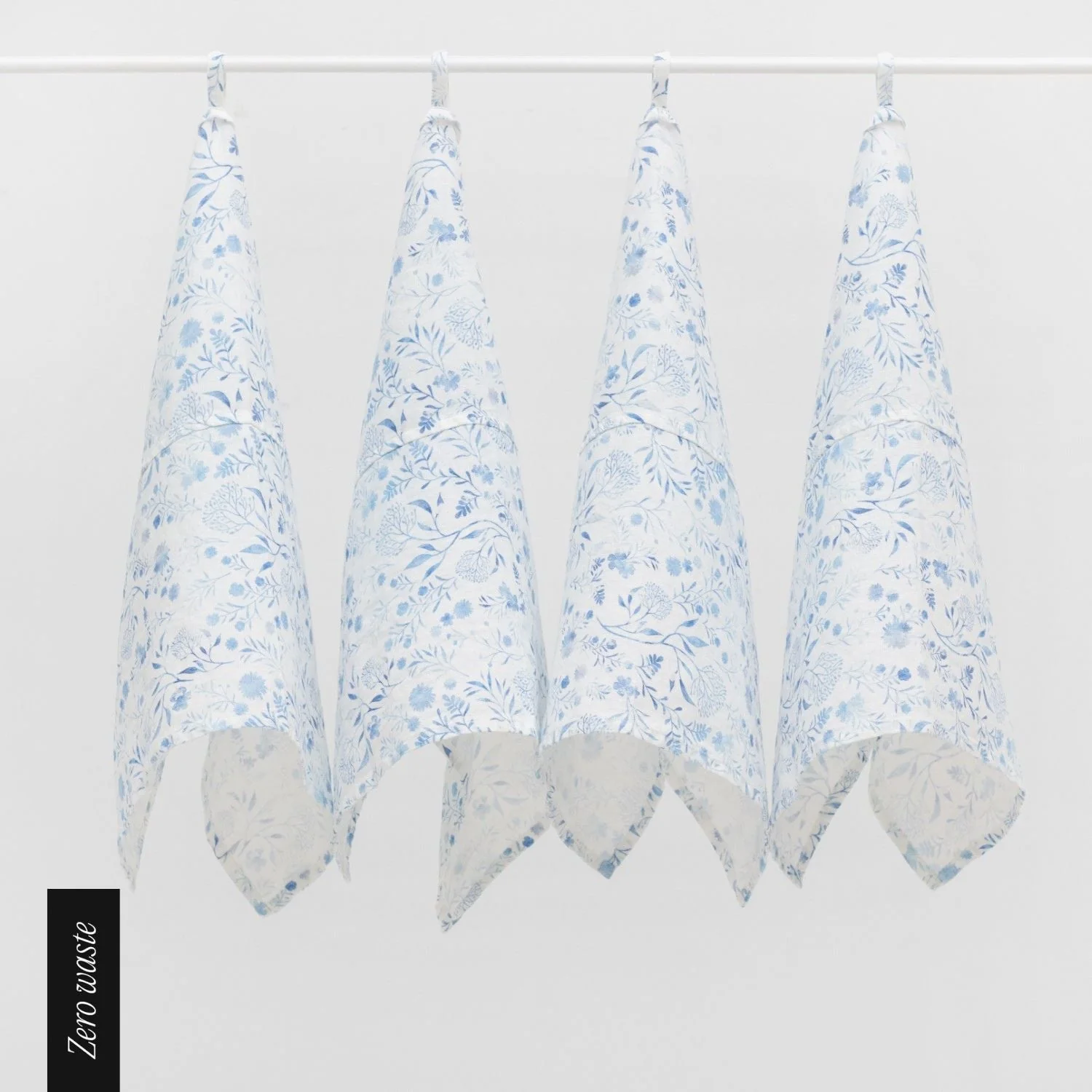 Zero Waste White Botanical Blue Linen Kitchen Towels Set of 4