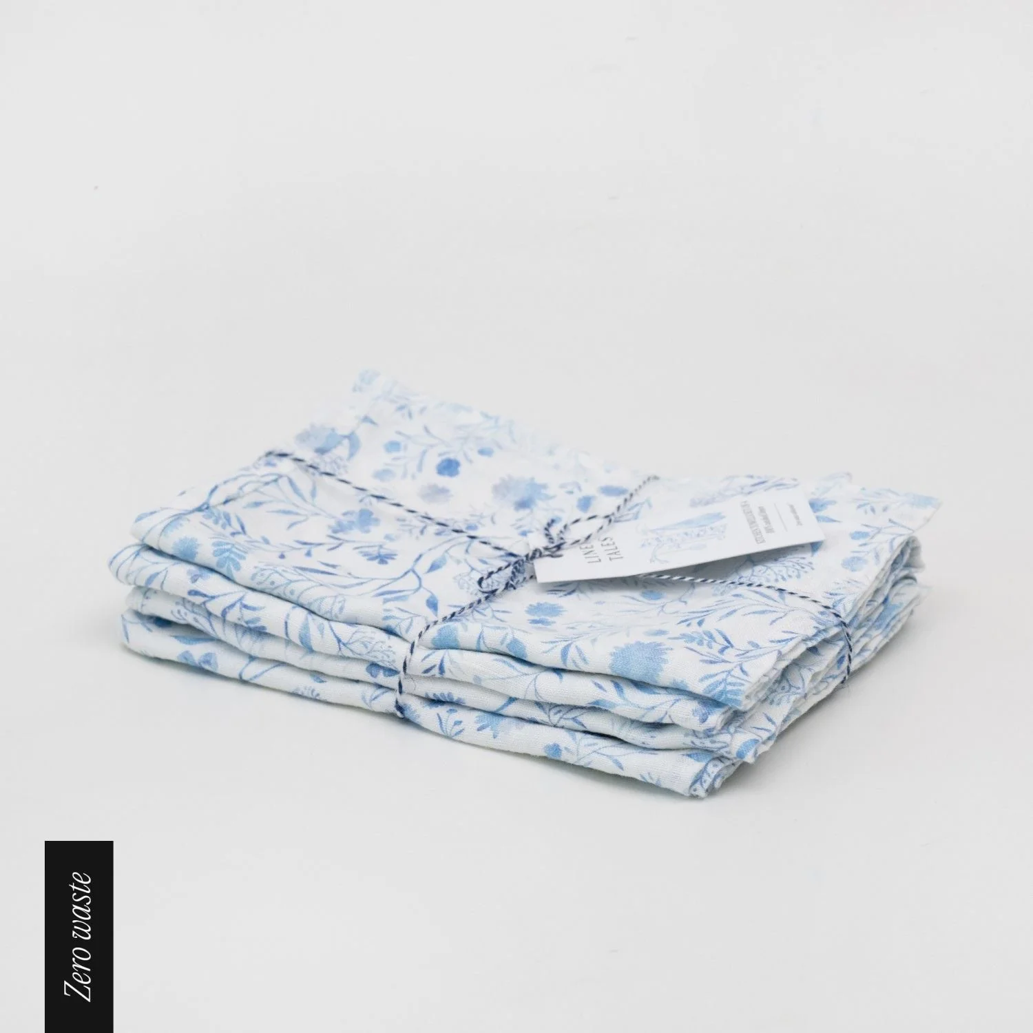 Zero Waste White Botanical Blue Linen Kitchen Towels Set of 4 - Image 2