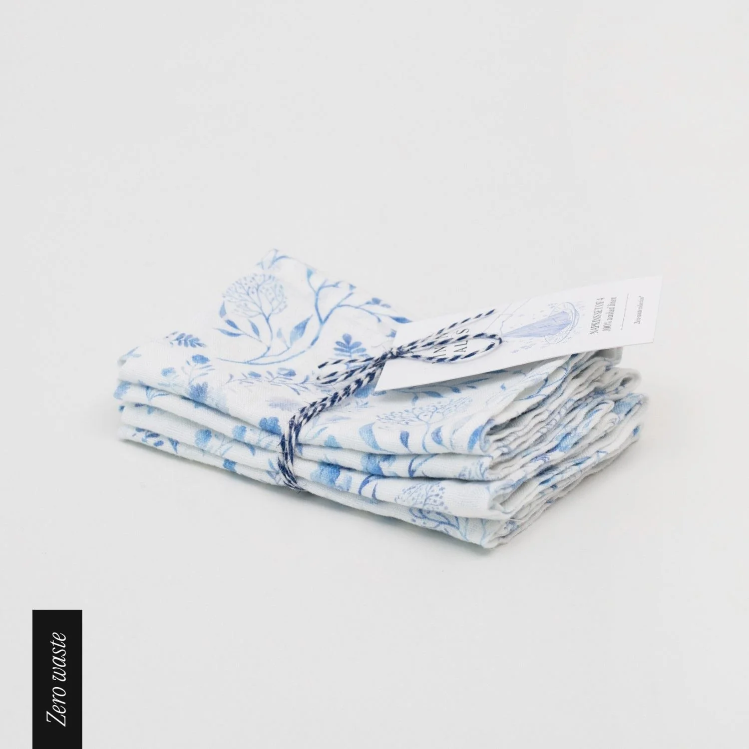 Zero Waste White Botanical Blue Linen Napkins Set of 4