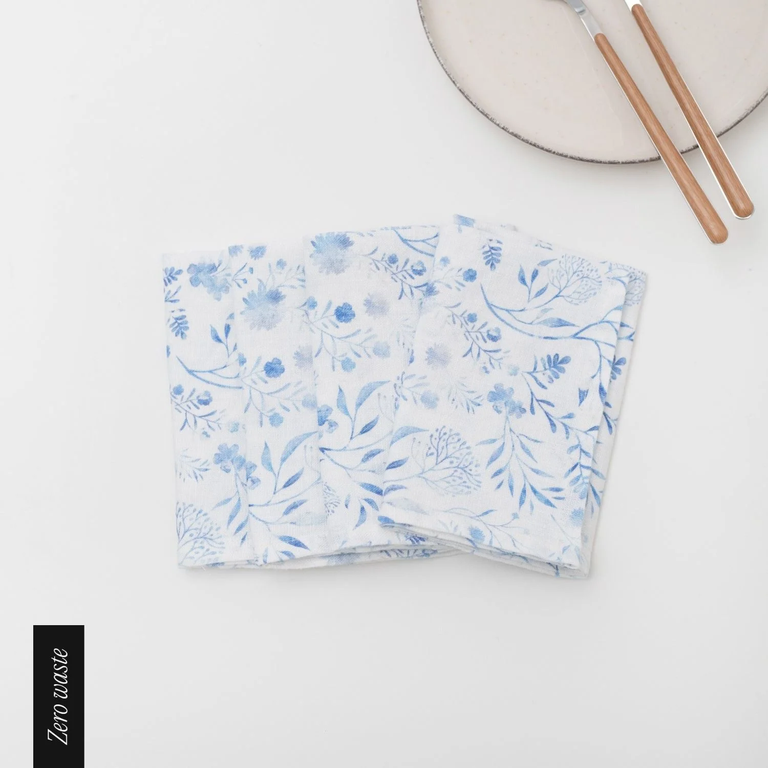 Zero Waste White Botanical Blue Linen Napkins Set of 4 - Image 2